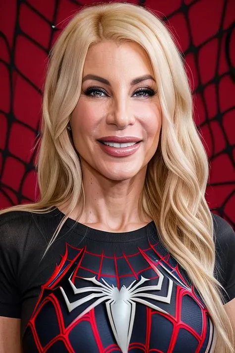 extreme close up portrait photo. best quality (raw:1.1) (photo of pmswde,:0.99), smiling ,(wearing a simple Spider-Man T-shirt:1.3), in front of a (plain black studio backdrop:1.2), headshot, photorealistic, high detail, detailed,