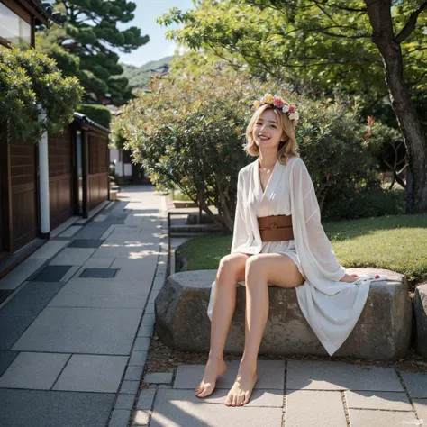 (masterpiece:1.4), best quality, kyoto, japanese country street, long kimono, daylight,2girl, maple leaf tree, HDR, studio light, flower headwear , sitting, ,fluffy hair, blonde hair, look back, (confident),whole body, happy, (eyes slightly open), (bashful smile), laughing,  <lora:add_detail:-0.2>, <lora:neg4all_bdsqlsz_V3.5:0.6>, Fujifilm X-T3,graininess,turning around, from from above, slightly fat ,((bare feet, clean feet))