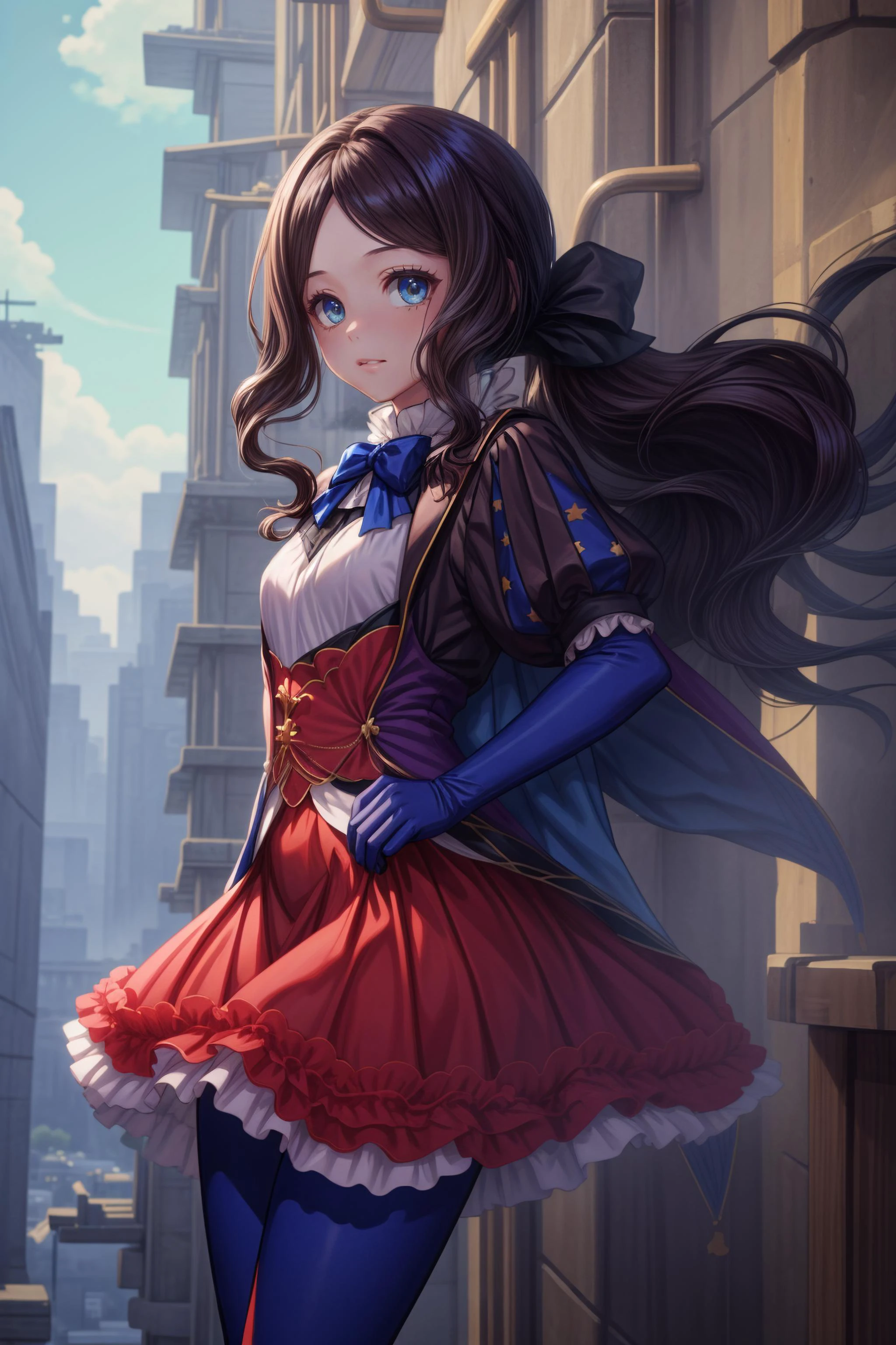 (masterpiece, best quality, 8k, RAW photo, beautiful and aesthetic:1.2), complex detail, 1girl, <lora:PAseer-SD15-LCM Quick:1>, <lora:neg4all_bdsqlsz_V3.5:1>, <lora:add_detail:1>, <lora:leonardo_da_vinci_(rider)_v1:1>, davinci, ponytail, hair bow, parted bangs, small breasts, blue bow, cape, puffy short sleeves, blue gloves, red skirt, blue pantyhose,