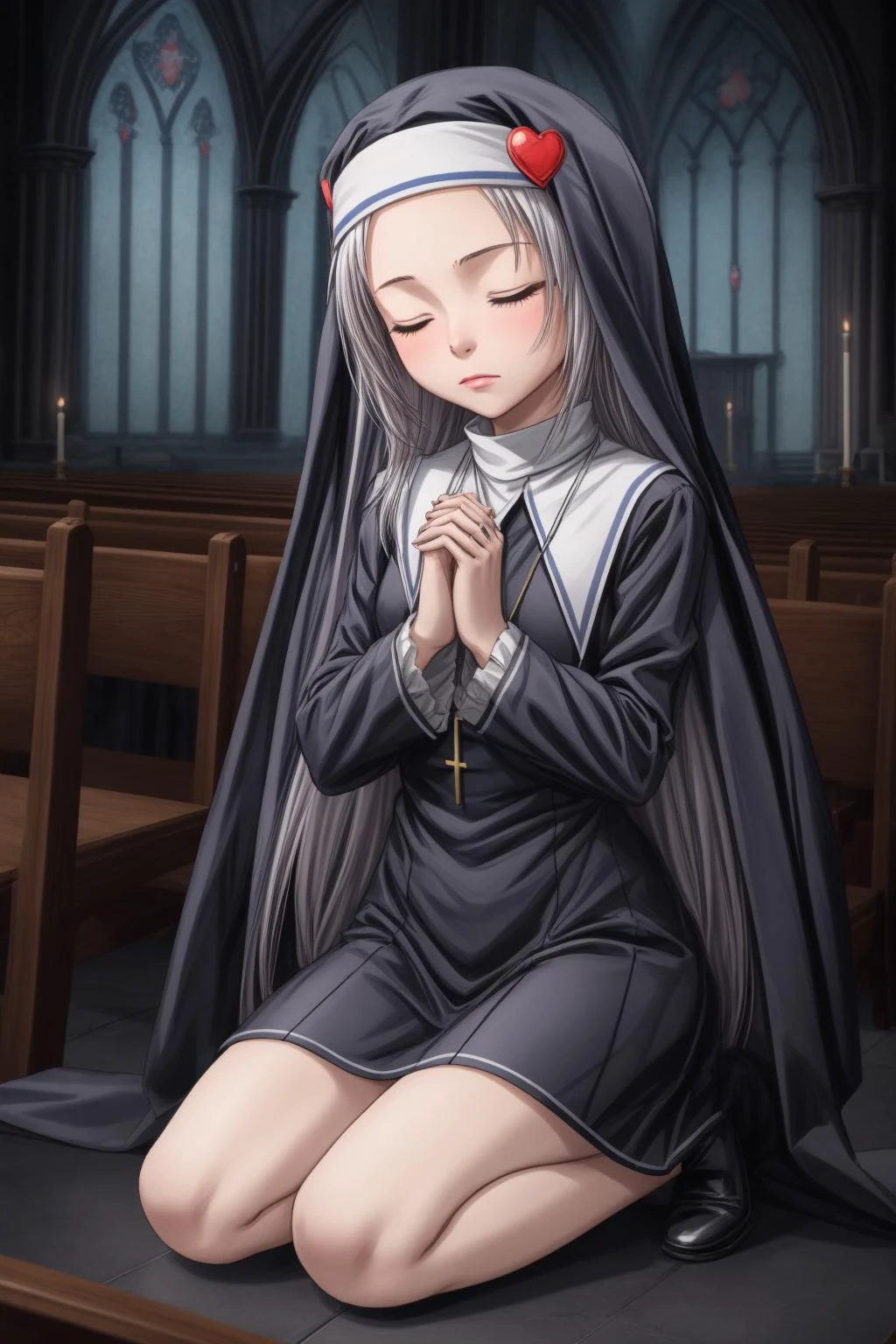1girl, praying, church, habit, perspective, closed eyes, (stained glass:0.5), seiza, well drawn legs, well drawn fingers, masterpiece, high quality, night, storm, lightning, dark fantasy,
<lora:Kizuki - Haganai - Takayama Maria:0.8> takayama maria, silver hair, flat chest, blue eyes, long hair, nun <lora:fantasyv1.1:1> own hands together <lora:LowRA_v2:0.3> ,dark environment. <lora:add_detail:1> <lora:neg4all_bdsqlsz_V3.5:0.8> 1girl, 1boy