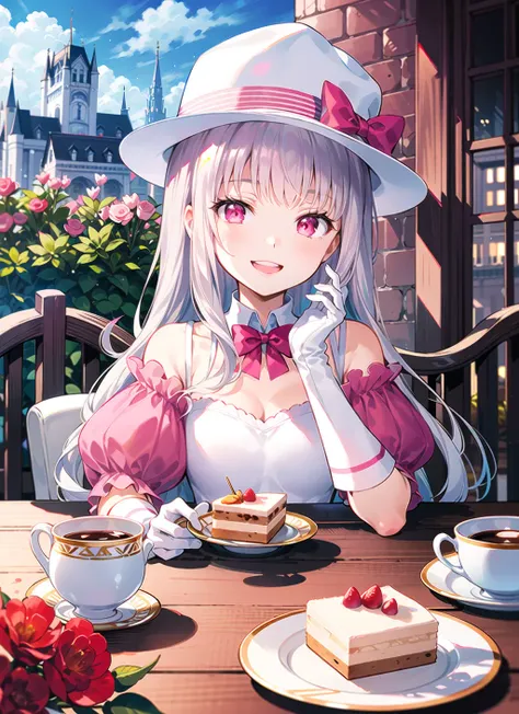 (masterpiece), (best quality), (illustration), (beautiful detailed), (highres), (1girl), (solo),
sitting, upper body,
(outdoors), afternoon tea, table, street, Middle Ages,
whitegloves,silver long hair, (pinkdress), hat, smile, upper teeth,
table, castle, street, garden, (flower:1.05), (dessert), cake