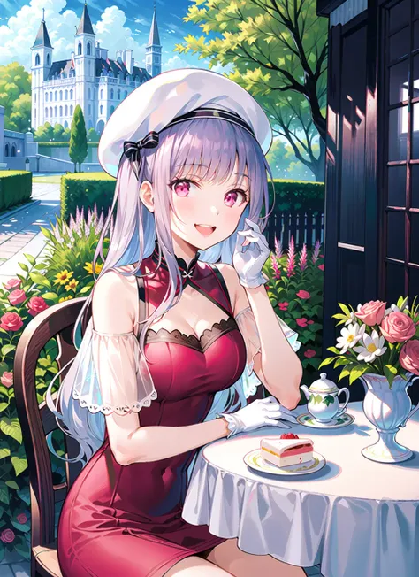 (masterpiece), (best quality), (illustration), (beautiful detailed), (highres), (1girl), (solo),
sitting, upper body,
(outdoors), afternoon tea, table, street, Middle Ages,
gloves,(silver:1.2) long hair, (pinkdress), beige hat, smile, upper teeth, see-through sleeves,
castle, street, garden, (flower:1.1), dessert, (cake)