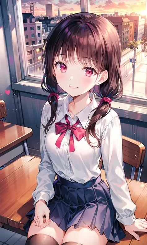 (masterpiece), (best quality), (illustration), (beautiful detailed), (highres), 1girl, solo, looking at viewer,
sitting, 
sunset, (school uniform), 
long hair, red eyes, low twintails,
ribbon, white shirt, (blue) skirt, black thighhighs, 
smile, blush,
indoors, window, [building], classroom, table, chair, (coffee:0.5)