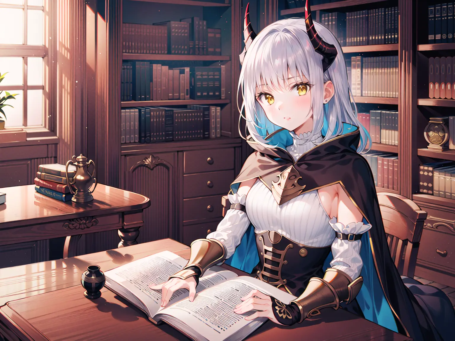 (masterpiece), (best quality), (illustration), (beautiful detailed), (highres),
1girl, solo, sitting on floor,
indoors,
knight, yelloweyes, anger, horns, (silverarmor:1.1), metal, cape, (black thighhighs:1), expressionless,
Middle Ages, bookshelf, window, table, carpet, ash