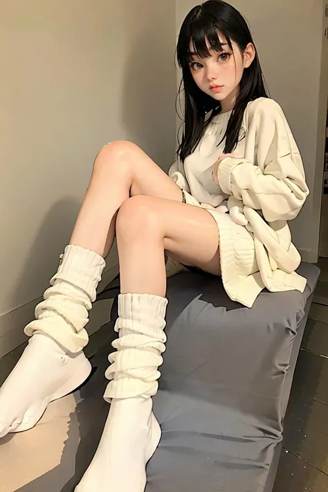 (masterpiece, best quality), 1girl, 22 years old, <lora:loose:1> bed sheet, sitting, loose socks,