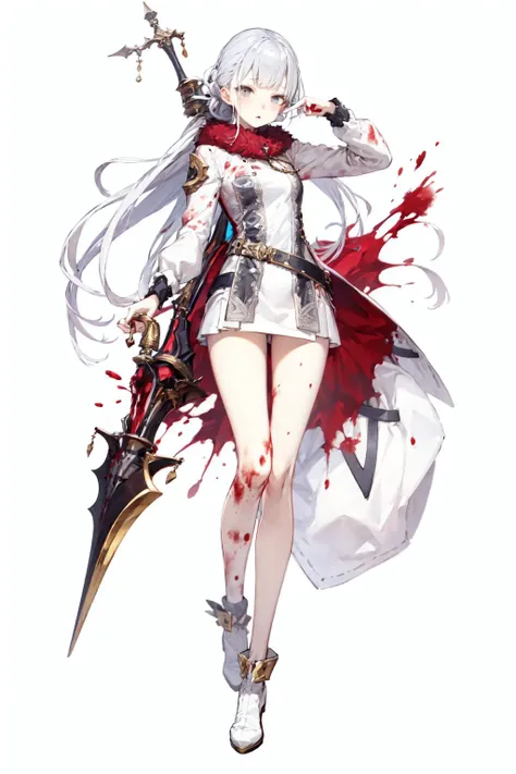 master, chief , best quality, high quality, highres, high detail, rich details, 
(white background), simple background,
1girl, snow white,
grey eyes, white hair, blood on clothes, white clothes, 
full body, sexy, active pose, random pose,   <lora:SINoALICE Style (Old v1_0 Version):1>
