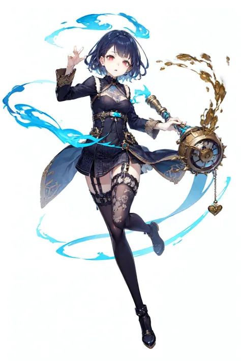 master, chief , best quality, high quality, highres, high detail, rich details, 
(white background), simple background,
1girl, alice,
short hair, blue hair, red eyes, thigh highs, frown, gothic, blue clothes, [black clothes], checkered clothes, pocketwatch,
full body, sexy, active pose, random pose,   <lora:SINoALICE Style (Old v1_0 Version):1>