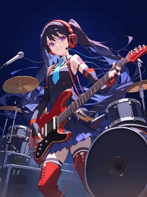 1girl, 
score_9, score_8_up, score_7_up, fingerless gloves, bare shoulders, thighhighs, twintails, electric guitar, headset, smile, skirt, gloves, microphone, necktie, simple background, drum, boots, elbow gloves, thigh boots, drum set, electric plug, cable, tattoo, zettai ryouiki, guitar, radio, detached sleeves, fender mustang, black hair, solo, long hair, keyboard \(instrument\), microphone stand, very long hair, purple eyes, instrument, speaker, vintage microphone, headphones