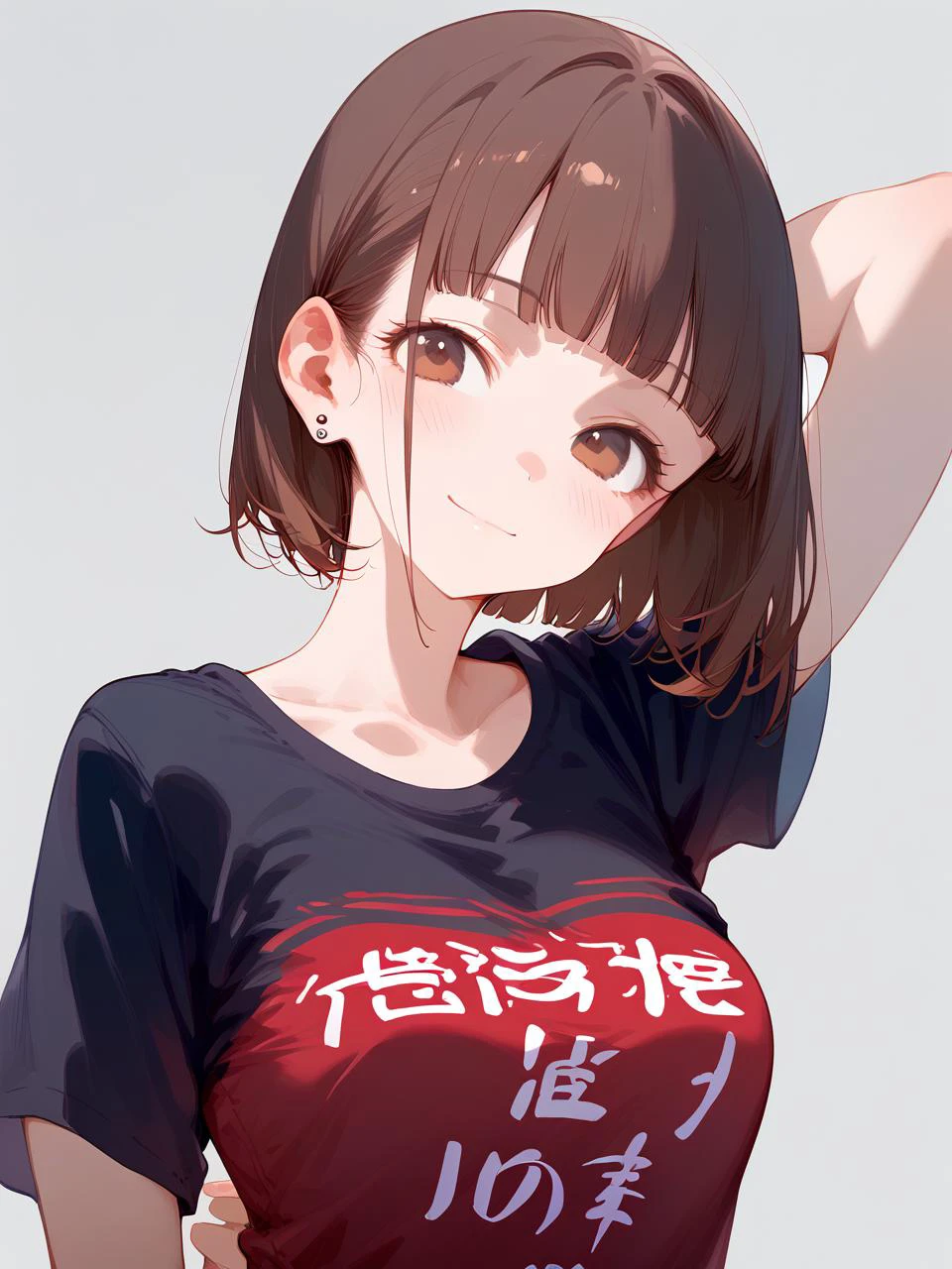 1girl,
score_9, score_8_up, score_7_up, black shirt, short sleeves, closed mouth, upper body, brown eyes, shirt, red shirt, eyebrows, stud earrings, looking at viewer, bob cut, t-shirt, smile, standing, arms behind back, arm up, collarbone, eyelashes, simple background, white background, :>, brown hair, jewelry, breasts, blunt bangs, earrings, multicolored shirt, short hair, medium breasts, black hair, head tilt, solo, clothes writing, tareme, light smile, blush