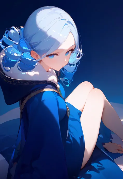 1girl, source_anime, a sexy female sorceress, (pale blue hair:1.5), hair ringlets, frost colored eyes, skinny body, large breasts, pensive expression, wearing a robe, wearing a cloak, (sitting in a mages study:1.1), score_9, score_8_up, score_7_up