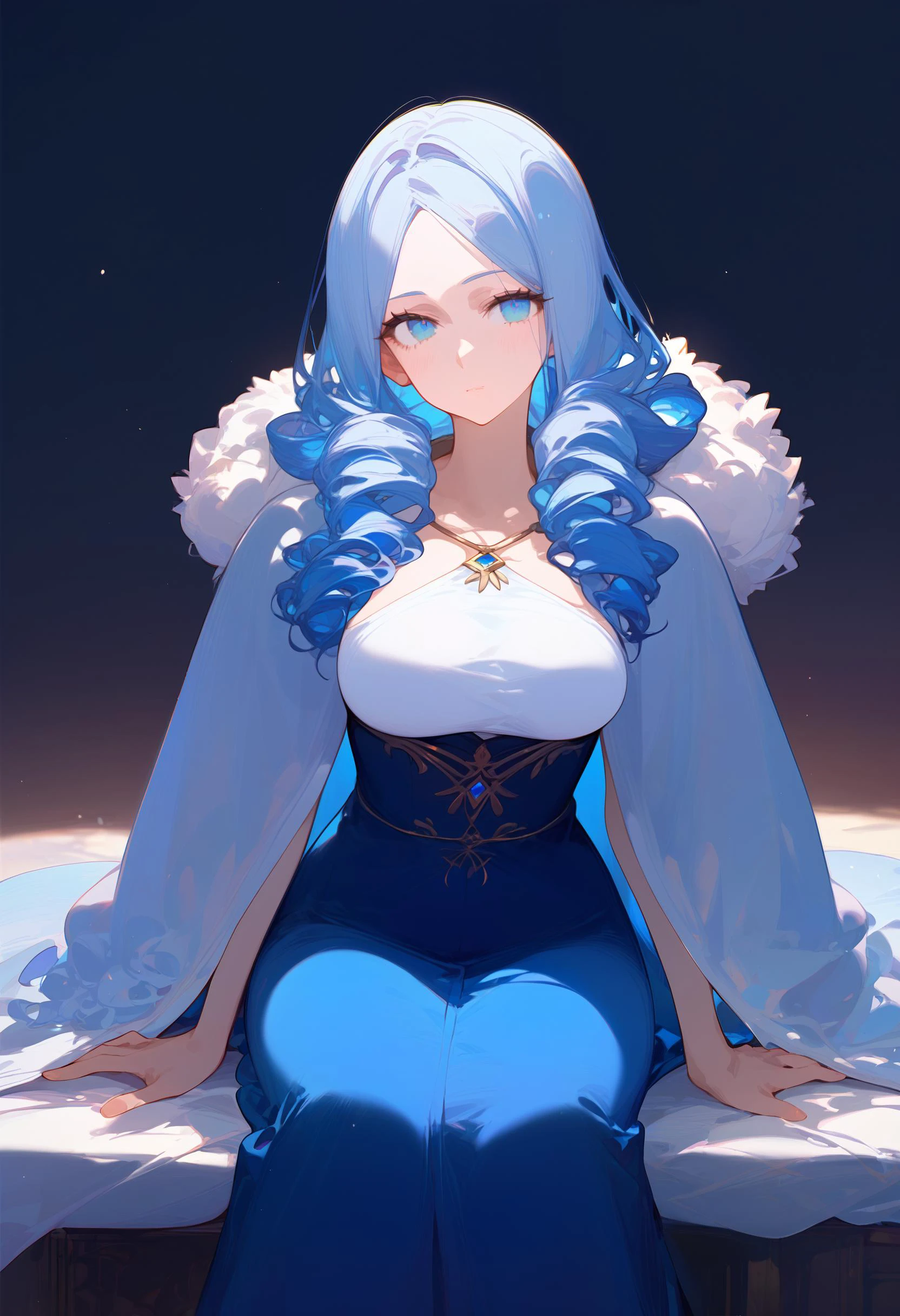 1girl, source_anime, a sexy female sorceress, (pale blue hair:1.5), hair ringlets, frost colored eyes, skinny body, large breasts, pensive expression, wearing a robe, wearing a cloak, (sitting in a mages study:1.1), score_9, score_8_up, score_7_up