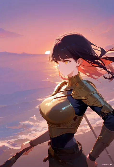 1girl, source_anime, a beautiful and stoic female warrior, black Blunt Cut hairstyle, gold eyes, serious expression, toned body, large breasts, wearing hauberk armor, faded leather pants, ornate etchings, (sunset:1.3), black and etched copper aesthetic, on the ground, clothing ripped off, defeated, score_9, score_8_up, score_7_up