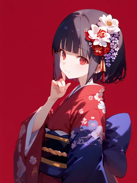 1girl, 
score_9, score_8_up, score_7_up, floral print, kikumon, closed mouth, red kimono, from side, upper body, blunt ends, wide sleeves, japanese clothes, hair ornament, bob cut, looking at viewer, smile, standing, obi, flower, simple background, long sleeves, red background, happy new year, 2019, hand up, blunt bangs, short hair, red eyes, looking to the side, black hair, sash, print kimono, head tilt, new year, hair flower, solo, kimono, light smile, blush