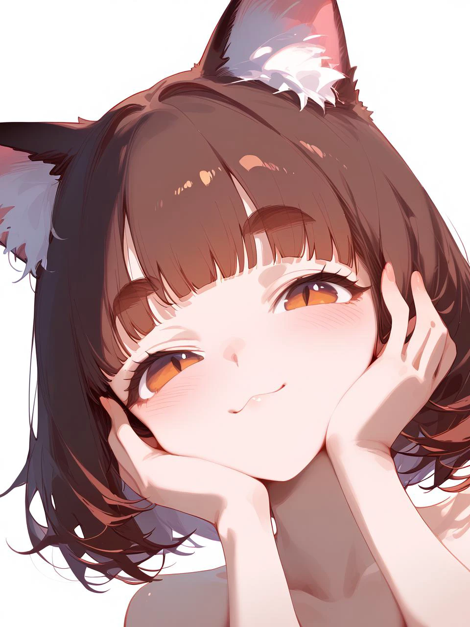 1girl,
score_9, thick eyebrows, short hair, simple background, slit pupils, closed mouth, blush, fingernails, :3, solo, brown hair, animal ears, cat ears, white background, hands on own cheeks, hands on own face, animal ear fluff, blunt bangs, heart, looking at viewer, brown eyes, head rest, closed eyes, cat girl, bob cut, smile, portrait