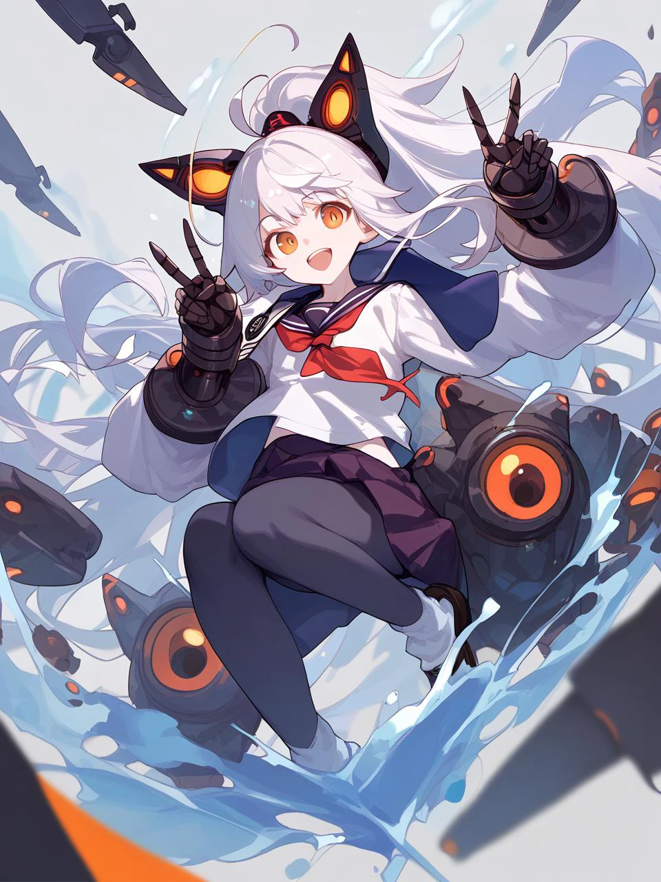 1girl,
score_9, score_8_up, score_7_up, machinery, looking at viewer, ahoge, :d, headgear, v, ponytail, open mouth, double v, white hair, serafuku, white skin, school uniform, colored skin, orange eyes, smile, turret, solo, long hair, gauntlets, abyssal ship
