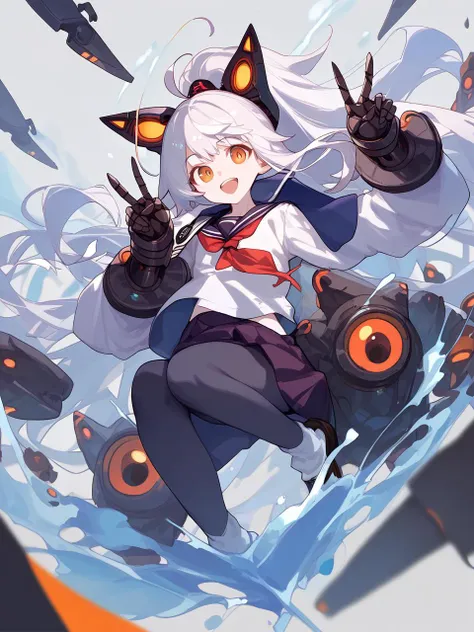 1girl, 
score_9, score_8_up, score_7_up, machinery, looking at viewer, ahoge, :d, headgear, v, ponytail, open mouth, double v, white hair, serafuku, white skin, school uniform, colored skin, orange eyes, smile, turret, solo, long hair, gauntlets, abyssal ship