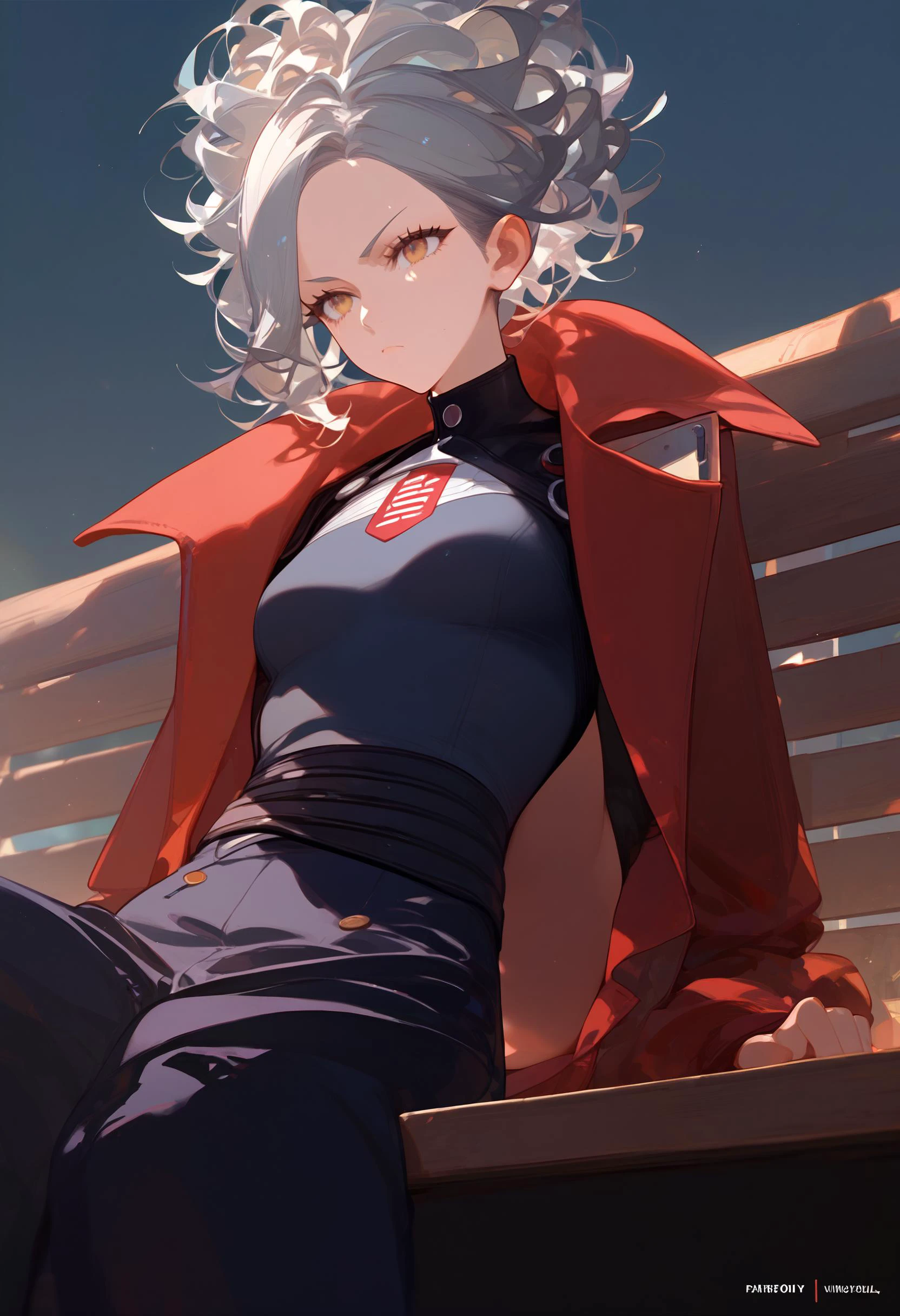 1girl, source_anime, a hot female inquisitor, (grey hair:1.5), loose curly afro hair, hazel colored eyes, slender muscular body, small breasts, serious expression, wearing tight leather clothing, a long muffler, (sitting on a bench:1.1), (a massive bonfire:1.2), score_9, score_8_up, score_7_up