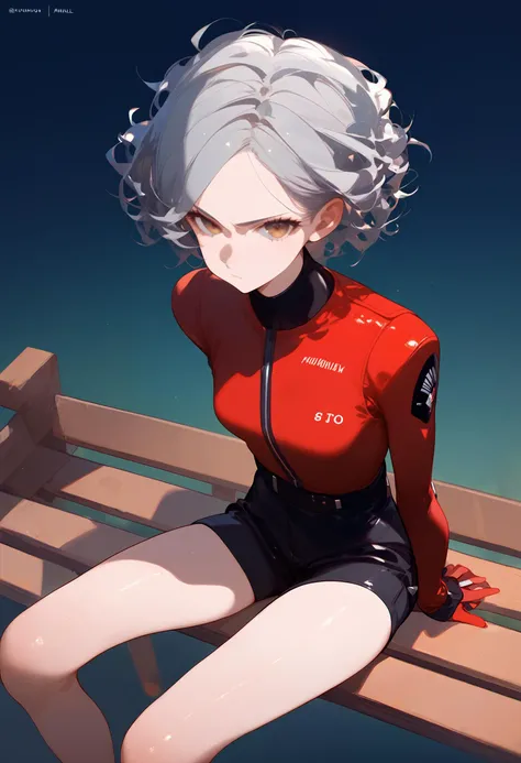 1girl, source_anime, a hot female inquisitor, (grey hair:1.5), loose curly afro hair, hazel colored eyes, slender muscular body, small breasts, serious expression, wearing tight leather clothing, a long muffler, (sitting on a bench:1.1), (a massive bonfire:1.2), score_9, score_8_up, score_7_up