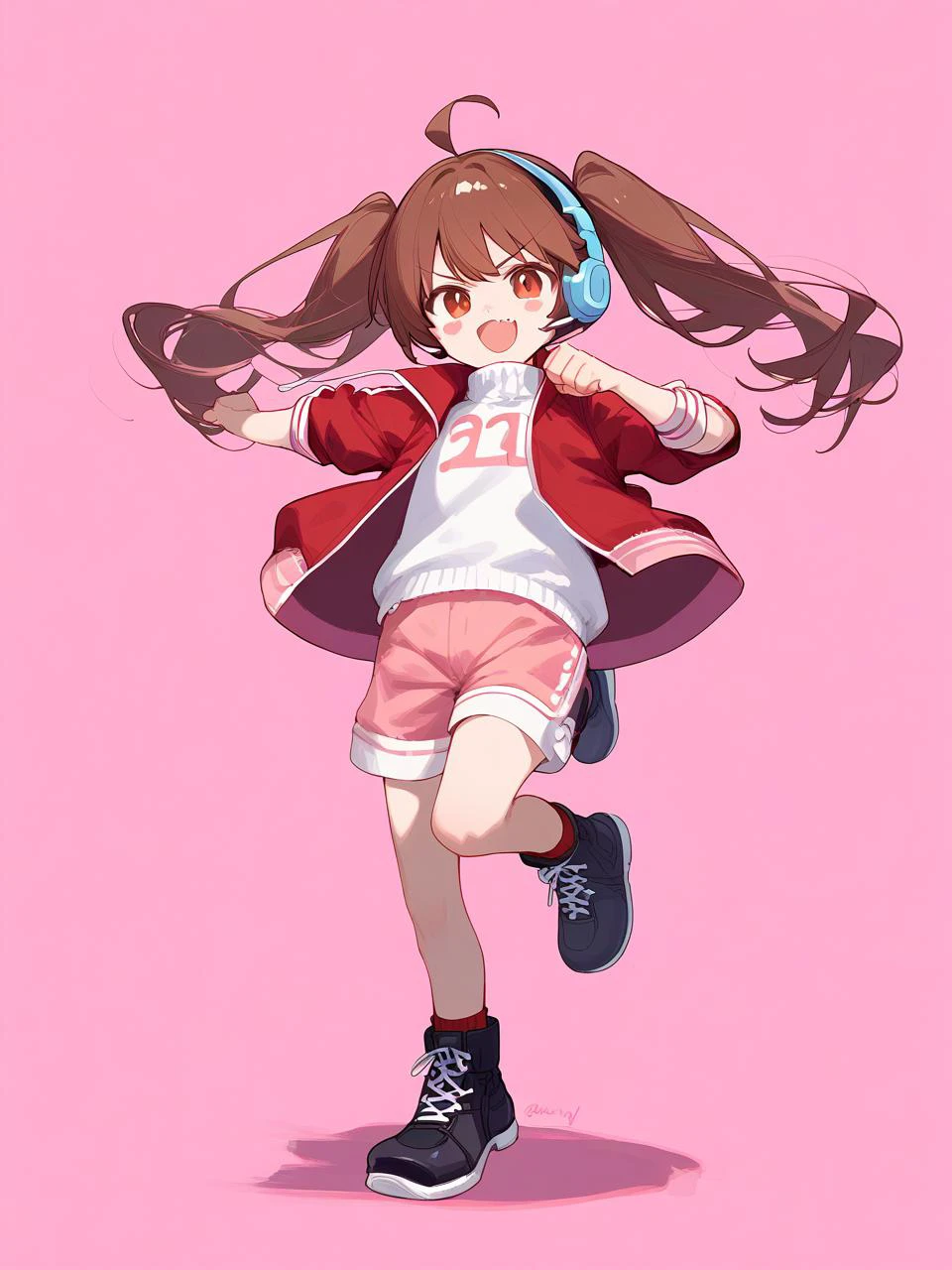 1girl,
score_9, score_8_up, score_7_up, open mouth, black footwear, orange eyes, full body, turtleneck, brown eyes, blush stickers, pink shorts, twintails, multicolored eyes, track jacket, fighting stance, looking at viewer, v-shaped eyebrows, headset, smile, standing, sleeves rolled up, clenched hands, shorts, ahoge, cross-laced footwear, simple background, fang, :d, brown hair, boots, hands up, pink background, red jacket, red eyes, solo, long hair, , standing on one leg, jacket