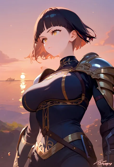 1girl, source_anime, a beautiful and stoic female warrior, black Blunt Cut hairstyle, gold eyes, serious expression, toned body, large breasts, wearing hauberk armor, faded leather pants, ornate etchings, (sunset:1.3), black and etched copper aesthetic, cameltoe, combat, rating_explicit, score_9, score_8_up, score_7_up