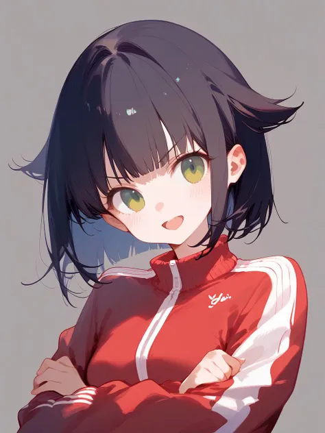 1girl, 
score_9, score_8_up, score_7_up, short hair, open mouth, grey background, upper body, green eyes, v-shaped eyebrows, :d, smile, long sleeves, track jacket, bob cut, simple background, black hair, jacket, red jacket, hair flaps, head tilt, solo, crossed arms, looking at viewer, blush