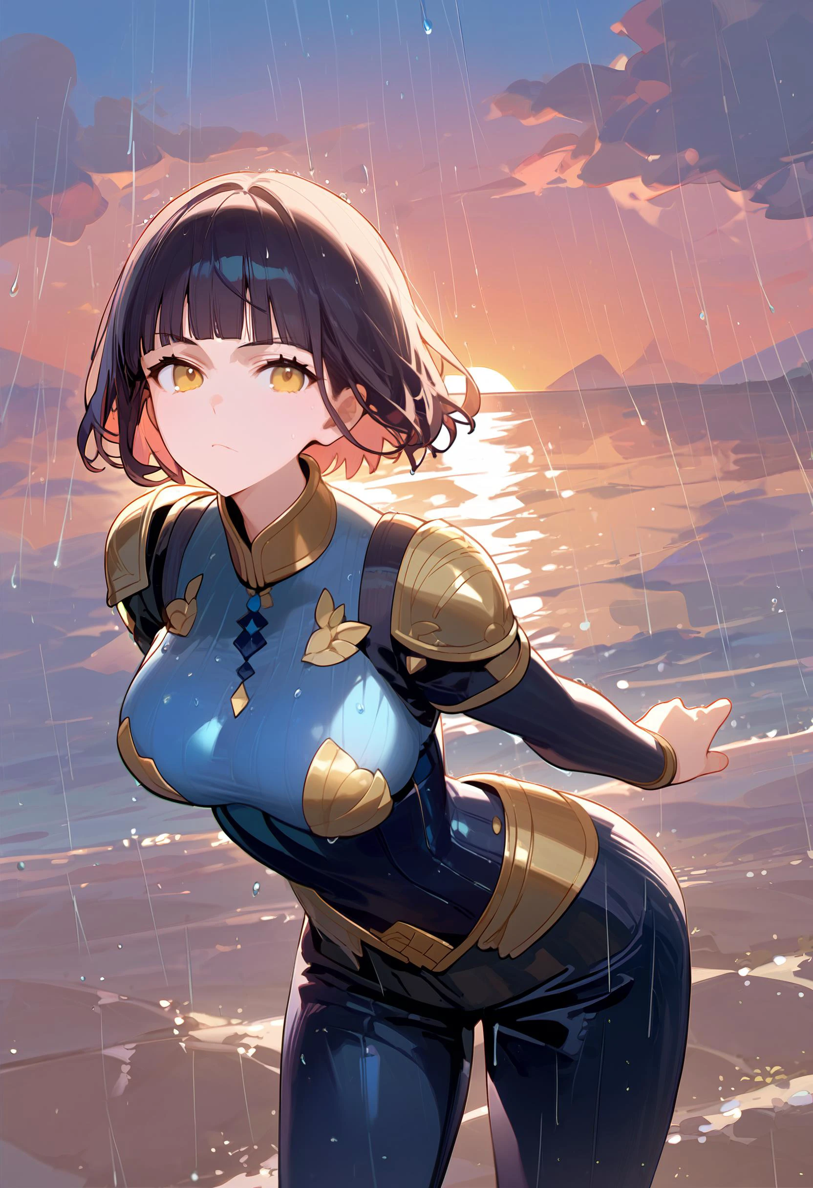1girl, source_anime, a beautiful and stoic female warrior, black Blunt Cut hairstyle, gold eyes, serious expression, toned body, large breasts, wearing hauberk armor, faded leather pants, ornate etchings, (sunset:1.3), black and etched copper aesthetic, leaning over, facing viewer, zoomed in, (raining:1.2), score_9, score_8_up, score_7_up