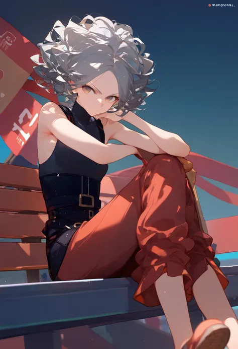 1girl, source_anime, a hot female inquisitor, (grey hair:1.5), loose curly afro hair, hazel colored eyes, slender muscular body, small breasts, serious expression, wearing tight leather clothing, a long muffler, (sitting on a bench:1.1), (a massive bonfire:1.2), score_9, score_8_up, score_7_up
