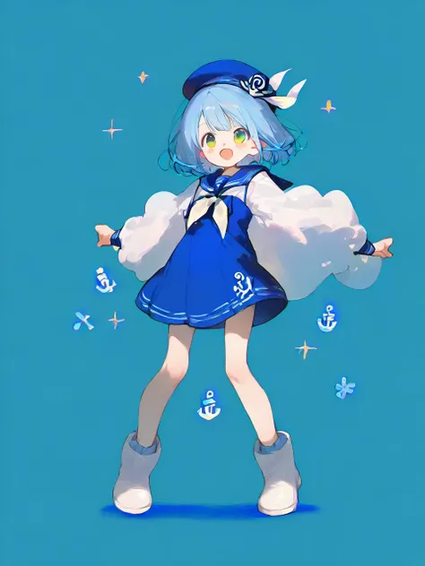 1girl, 
score_9, smile, hat, blue hair, sailor hat, short dress, sailor, sailor dress, green eyes, blush stickers, anchor, short hair, blue dress, :d, boots, full body, dress, neckerchief, standing, open mouth, solo, 
  sensitive