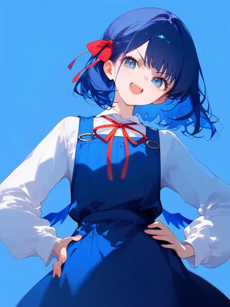 1girl, 
score_9, score_8_up, score_7_up, open mouth, ribbon, detached wings, upper body, wings, blue background, red ribbon, hair bow, shirt, white shirt, sleeveless dress, sleeveless, looking at viewer, v-shaped eyebrows, smile, upper teeth only, dress, blue eyes, blue dress, neck ribbon, simple background, teeth, fang, long sleeves, :d, bow, collared shirt, pinafore dress, short hair, blue hair, head tilt, solo, blue theme, hand on own hip, blue bow, v, blush