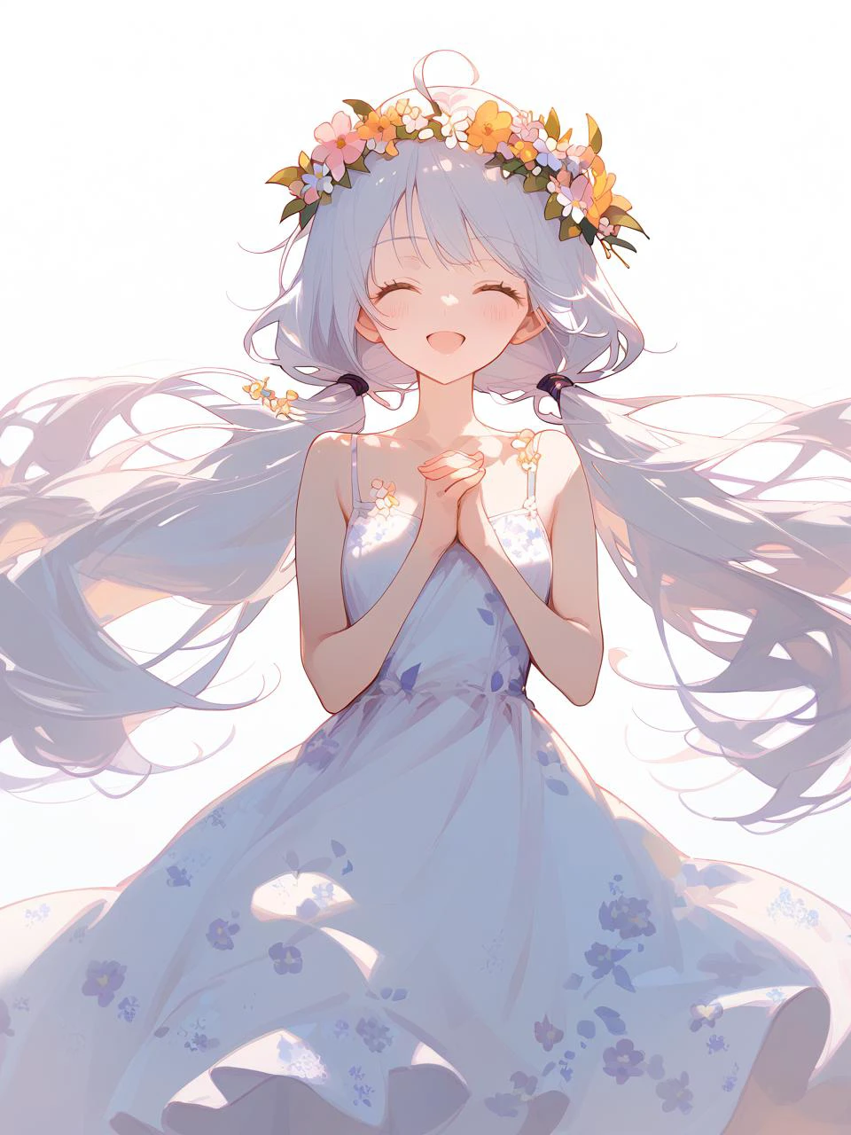 1girl,
score_9, score_8_up, score_7_up, bare shoulders, bare arms, open mouth, floral print, facing viewer, white dress, ^_^, happy, twintails, closed eyes, low twintails, sleeveless dress, sleeveless, flower wreath, smile, standing, dress, ahoge, collarbone, flower, white hair, simple background, white background, sundress, print dress, contrapposto, :d, hands on own chest, flipped hair, head wreath, cowboy shot, own hands together, solo, long hair, very long hair, blush