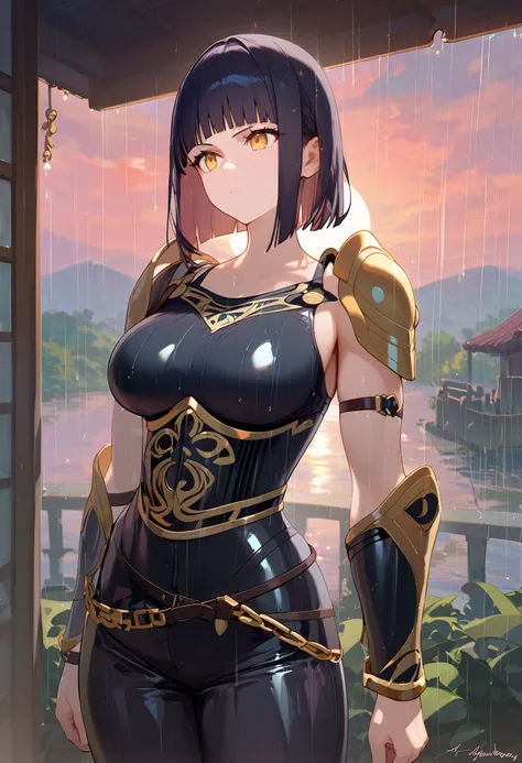 1girl, source_anime, a beautiful and stoic female warrior, black Blunt Cut hairstyle, gold eyes, serious expression, toned body, large breasts, wearing hauberk armor, faded leather pants, ornate etchings, (sunset:1.3), black and etched copper aesthetic, leaning over, facing viewer, zoomed in, (raining:1.2), score_9, score_8_up, score_7_up