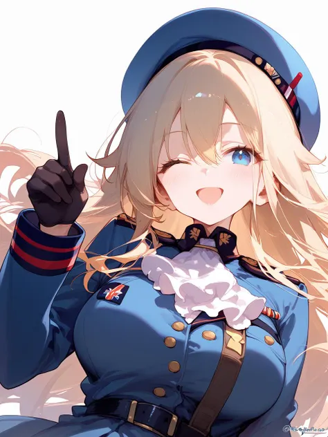 1girl, 
score_9, score_8_up, score_7_up, open mouth, military, military uniform, black gloves, upper body, blonde hair, blue jacket, jacket, hat, looking at viewer, ;d, smile, beret, large breasts, one eye closed, index finger raised, blue eyes, finger to mouth, gloves, military hat, simple background, white background, long sleeves, ascot, white ascot, hair between eyes, uniform, breasts, twitter username, dated, blue headwear, solo, long hair, white headwear, hand up, blush