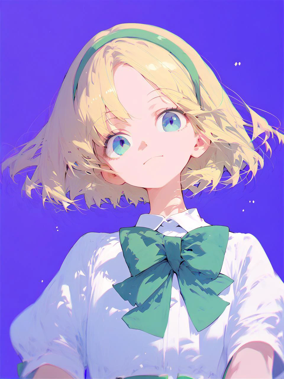 1girl,
score_9, score_8_up, score_7_up, shirt, white shirt, solo, smile, bow, collared shirt, hairband, bowtie, short hair, upper body, green bow, purple background, blue eyes, blonde hair, looking at viewer, green bowtie, closed mouth, short sleeves, green hairband