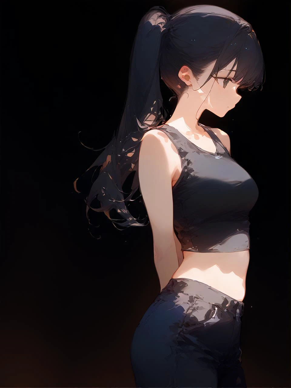 1girl,
score_9, standing, tank top, white background, simple background, pants, black eyes, midriff, from side, ponytail, black hair, sleeveless, crop top, long hair, solo, black pants, black tank top, faux traditional media,
sensitive