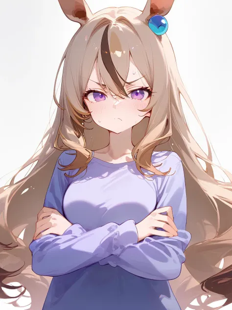 1girl,
score_9, :t, two-tone hair, puff of air, annoyed, looking at viewer, furrowed brow, crossed arms, blush, white background, closed mouth, light brown hair, brown hair, long hair, simple background, solo, purple eyes, sweat, multicolored hair, purple shirt, ear ornament, shirt, streaked hair, pout, long sleeves, animal ears, v-shaped eyebrows, horse ears, portrait, horse girl, hair between eyes