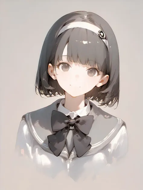 1girl, 
score_9, score_8_up, score_7_up, simple background, graphite \(medium\), upper body, bow, closed mouth, headband, greyscale, short hair, solo, school uniform, smile, bowtie, looking at viewer, monochrome, bob cut, traditional media