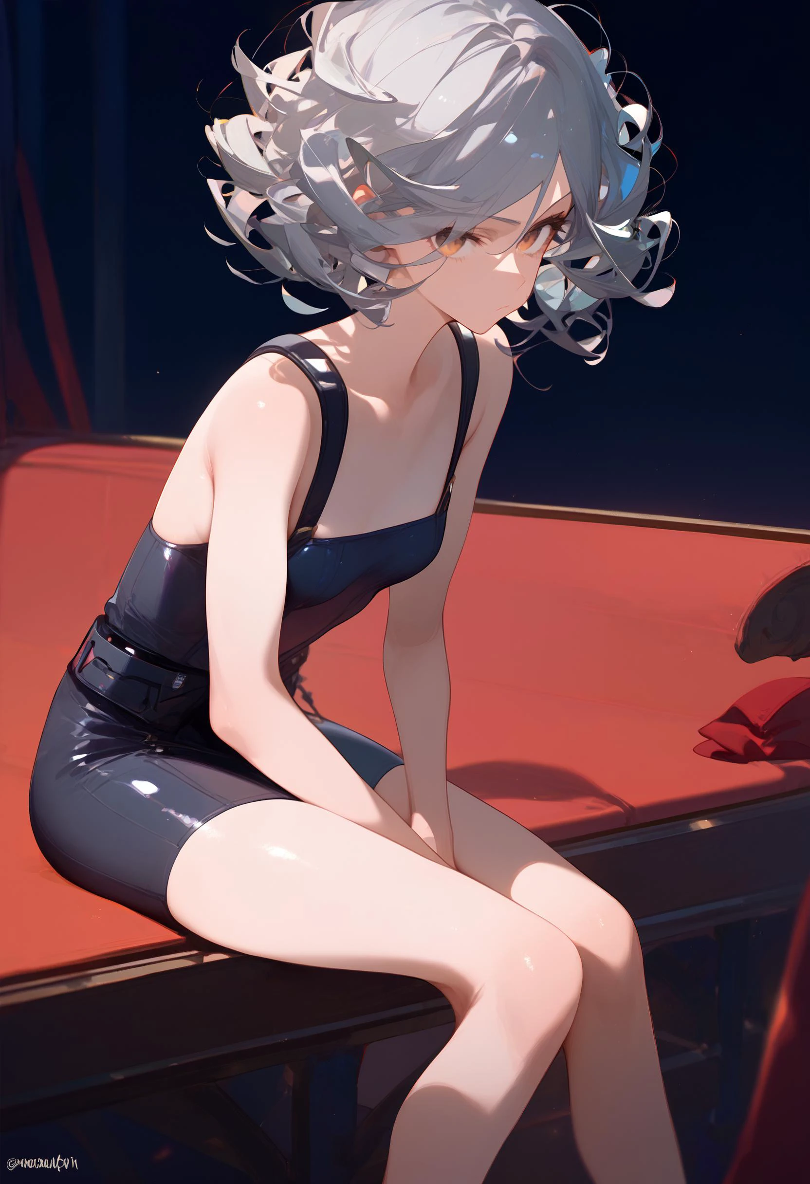 1girl, source_anime, a hot female inquisitor, (grey hair:1.5), loose curly afro hair, hazel colored eyes, slender muscular body, small breasts, serious expression, wearing tight leather clothing, a long muffler, (sitting on a bench:1.1), (a massive bonfire:1.2), score_9, score_8_up, score_7_up