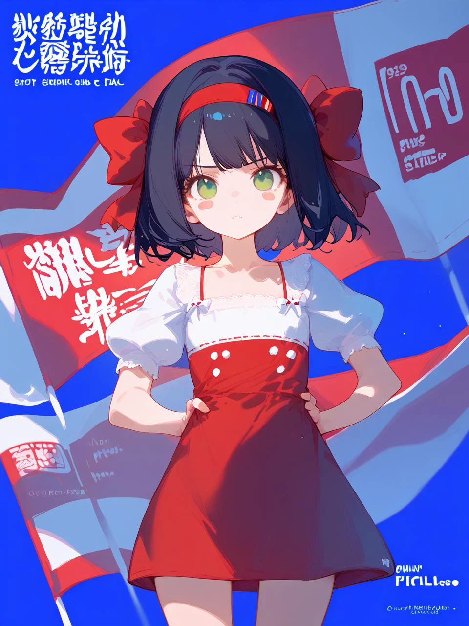 1girl,
score_9, score_8_up, score_7_up, red bow, short sleeves, hands on own hips, closed mouth, copyright name, cyrillic, blue background, bow hairband, blush stickers, russian flag, white bow, signature, hair bow, puffy sleeves, looking at viewer, green eyes, standing, dress, red hairband, collarbone, red dress, russian text, bow, hairband, short dress, cowboy shot, frown, short hair, :<, puffy short sleeves, black hair, artist name, thighs, solo, flat chest, character name, blush