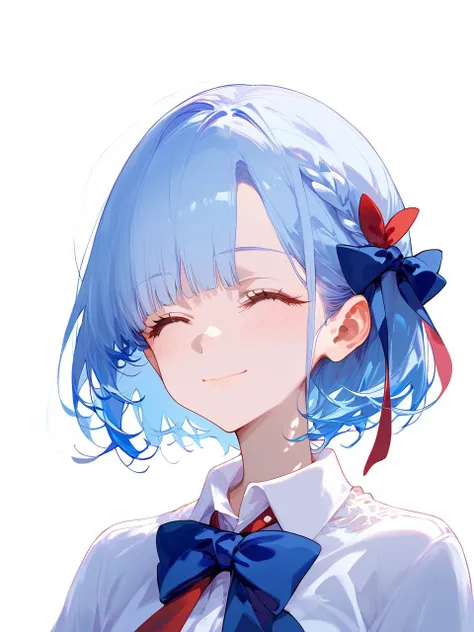 1girl, 
score_9, score_8_up, score_7_up, collared shirt, closed eyes, short hair, blue bow, bow, white background, ribbon, shirt, neck ribbon, smile, light blue hair, solo, hair ribbon, blue hair, blush, facing viewer, portrait, simple background, closed mouth, red ribbon, hair bow