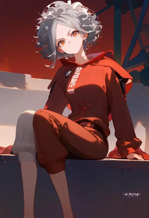 1girl, source_anime, a hot female inquisitor, (grey hair:1.5), loose curly afro hair, hazel colored eyes, slender muscular body, small breasts, serious expression, wearing tight leather clothing, a long muffler, (sitting on a bench:1.1), (a massive bonfire:1.2), score_9, score_8_up, score_7_up