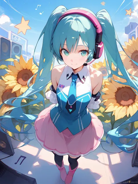 1girl, 
score_9, score_8_up, score_7_up, bare shoulders, thighhighs, aqua eyes, musical note, twintails, cloud, black thighhighs, looking at viewer, headset, smile, standing, skirt, arms behind back, from above, star voice \(module\), aqua hair, flower, microphone, necktie, sky, boots, star \(symbol\), legs, sunflower, thigh boots, heart, zettai ryouiki, detached sleeves, star \(sky\), pink footwear, solo, long hair, very long hair, speaker, blush, headphones