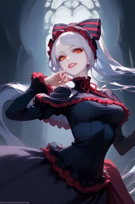 (score_9, score_8_up:1.1), score_7_up, score_6, Overlord anime style, BREAK (24 year old Shalltear Bloodfallen from overlord), vampire lady, goth Victorian dress, sleek silver hair with bow, red eyes, small ears, fang, lipstick, mascara, (very pale ghostly white skin), eye shadow, petite body, volumetric lighting, cinematic lighting, hyper realistic, detailed, shadows,  sinister lighting, dramatic pose, dynamic, small tight butt, detailed face, intricate details, naturalism, hyperdetailed, wide shot dark cinematography, volumetric lighting, source lights,   <lora:Concept Art Ultimatum Style LoRA_Pony XL v6:1> , zPDXL (1), <lora:Shalltear:0.8>