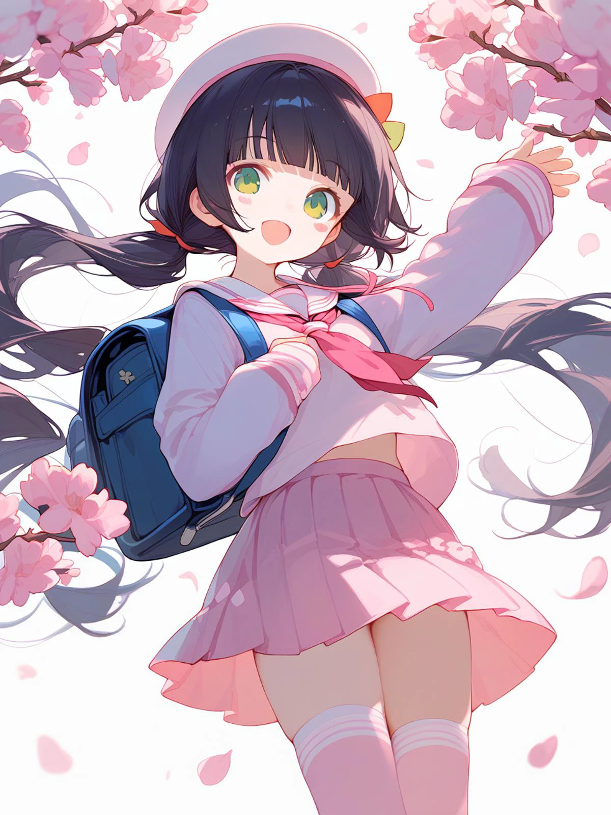 1girl, 
score_9, score_8_up, score_7_up, open mouth, school uniform, bag, thighhighs, blush stickers, twintails, pink thighhighs, hat, low twintails, petals, looking at viewer, green eyes, smile, skirt, cherry blossoms, serafuku, arm up, sleeves past wrists, pleated skirt, simple background, white background, :d, wind, cowboy shot, randoseru, blunt bangs, school hat, zettai ryouiki, pink serafuku, black hair, solo, long hair, child, pink skirt, backpack, hand up