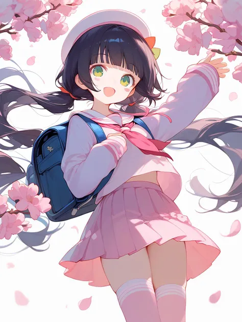 1girl, 
score_9, score_8_up, score_7_up, open mouth, school uniform, bag, thighhighs, blush stickers, twintails, pink thighhighs, hat, low twintails, petals, looking at viewer, green eyes, smile, skirt, cherry blossoms, serafuku, arm up, sleeves past wrists, pleated skirt, simple background, white background, :d, wind, cowboy shot, randoseru, blunt bangs, school hat, zettai ryouiki, pink serafuku, black hair, solo, long hair, child, pink skirt, backpack, hand up