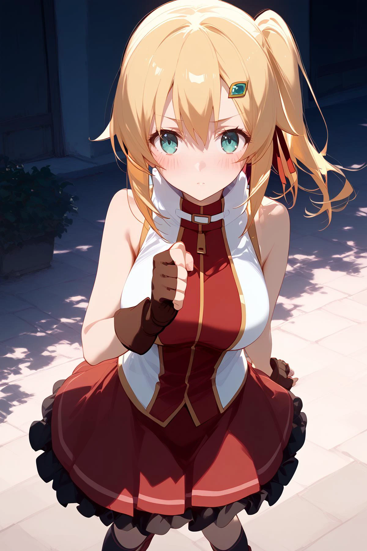 score_9, score_8_up, score_7_up, source anime, prefect lighting, very aesthetic, anime coloring, anime screencap,
<lora:emma_brightness_v2-pdv6:1>, 1girl, emma brightness, ore dake haireru kakushi dungeon, blonde hair, blue eyes, short hair, hair ribbon, side ponytail, hairclip, large breasts, blush, emmaout, red skirt, fingerless gloves, sleeveless, boots, black socks,
BREAK,