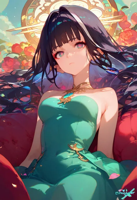 1girl, source_anime, embedding:zPDXL, beautiful woman, (djinn:1.5), fierce red ethereal eyes, mint Cadmium seafoam aesthetic, black hair, silver highlights, wearing a peacoat, irritated, score_9, score_8_up, score_7_up