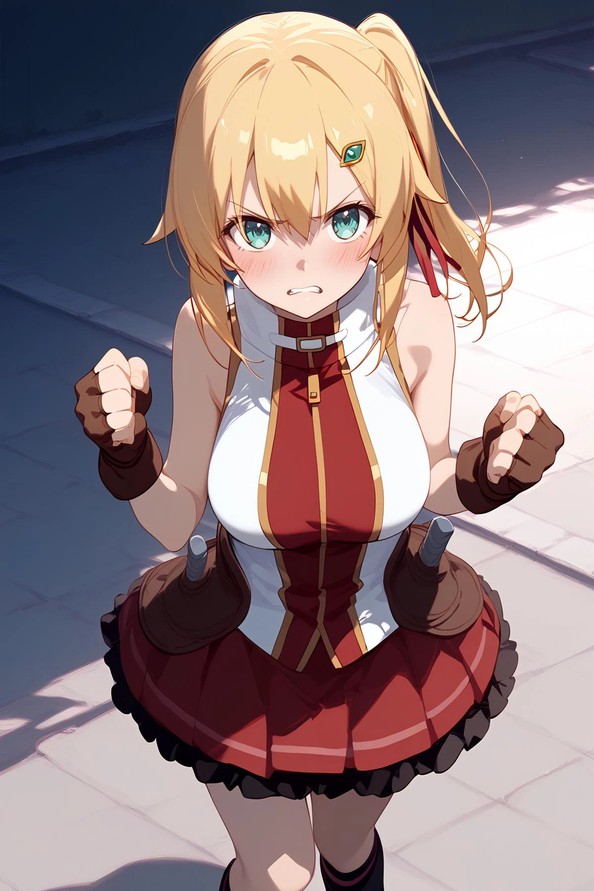 score_9, score_8_up, score_7_up, source anime, prefect lighting, very aesthetic, anime screencap, anime coloring,
<lora:emma_brightness_v2-pdv6:1>, 1girl, emma brightness, ore dake haireru kakushi dungeon, blonde hair, blue eyes, short hair, hair ribbon, side ponytail, hairclip, large breasts, emmaout, red skirt, fingerless gloves, sleeveless, boots, black socks, blush, angry,
BREAK, cowboy shot, looking at viewer, punching,
