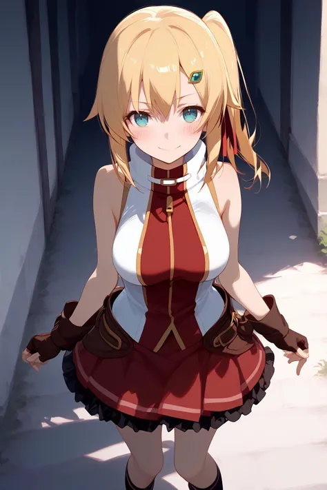 score_9, score_8_up, score_7_up, source anime, prefect lighting, very aesthetic, anime screencap, anime coloring,
<lora:emma_brightness_v2-pdv6:1>, 1girl, emma brightness, ore dake haireru kakushi dungeon, blonde hair, blue eyes, short hair, hair ribbon, side ponytail, hairclip, large breasts, emmaout, red skirt, fingerless gloves, sleeveless, boots, black socks, blush, naughty face,
BREAK, cowboy shot, looking at viewer,