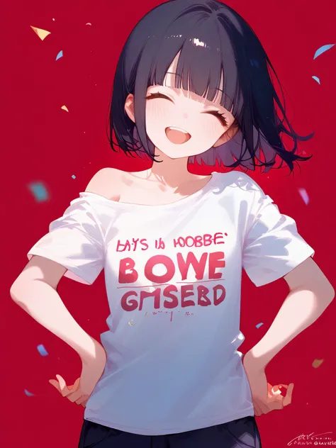 1girl,
score_9, score_8_up, score_7_up, simple background, ^_^, clothes writing, head tilt, sleeves pushed up, happy, standing, smile, closed eyes, blush, sparkle, off shoulder, bob cut, t-shirt, confetti, upper teeth only, streamers, single bare shoulder, short sleeves, white shirt, teeth, facing viewer, collarbone, upper body, open mouth, black hair, english text, blunt bangs, short hair, solo, shirt, hands on own hips, straight-on, red background, :d, dated