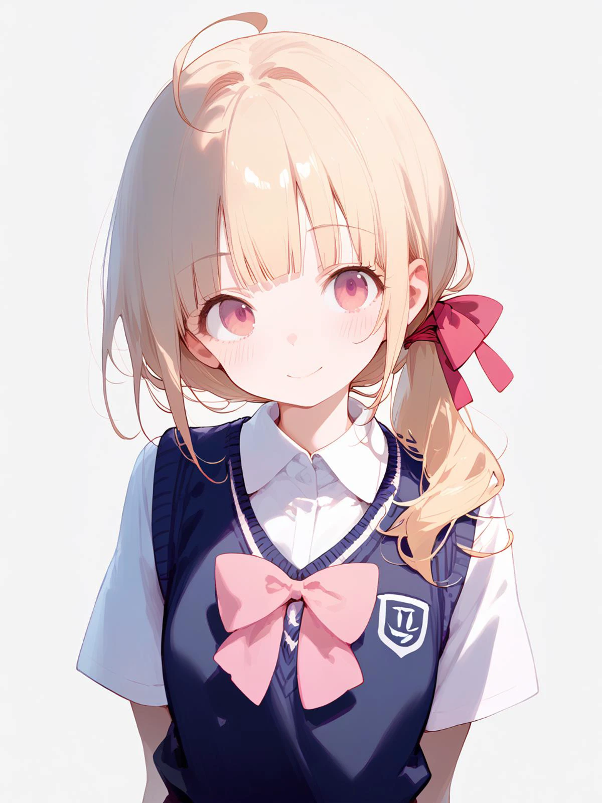1girl,
score_9, score_8_up, score_7_up, eyelashes, simple background, pink bow, pink bowtie, looking at viewer, sweater vest, tareme, red ribbon, wing collar, head tilt, sidelocks, vest, blush, bowtie, closed mouth, ribbon, school uniform, hair ribbon, short sleeves, arms behind back, blonde hair, white shirt, ponytail, black vest, ahoge, upper body, pink eyes, blunt bangs, collared shirt, eyebrows, long hair, solo, shirt, white background, bow, smile